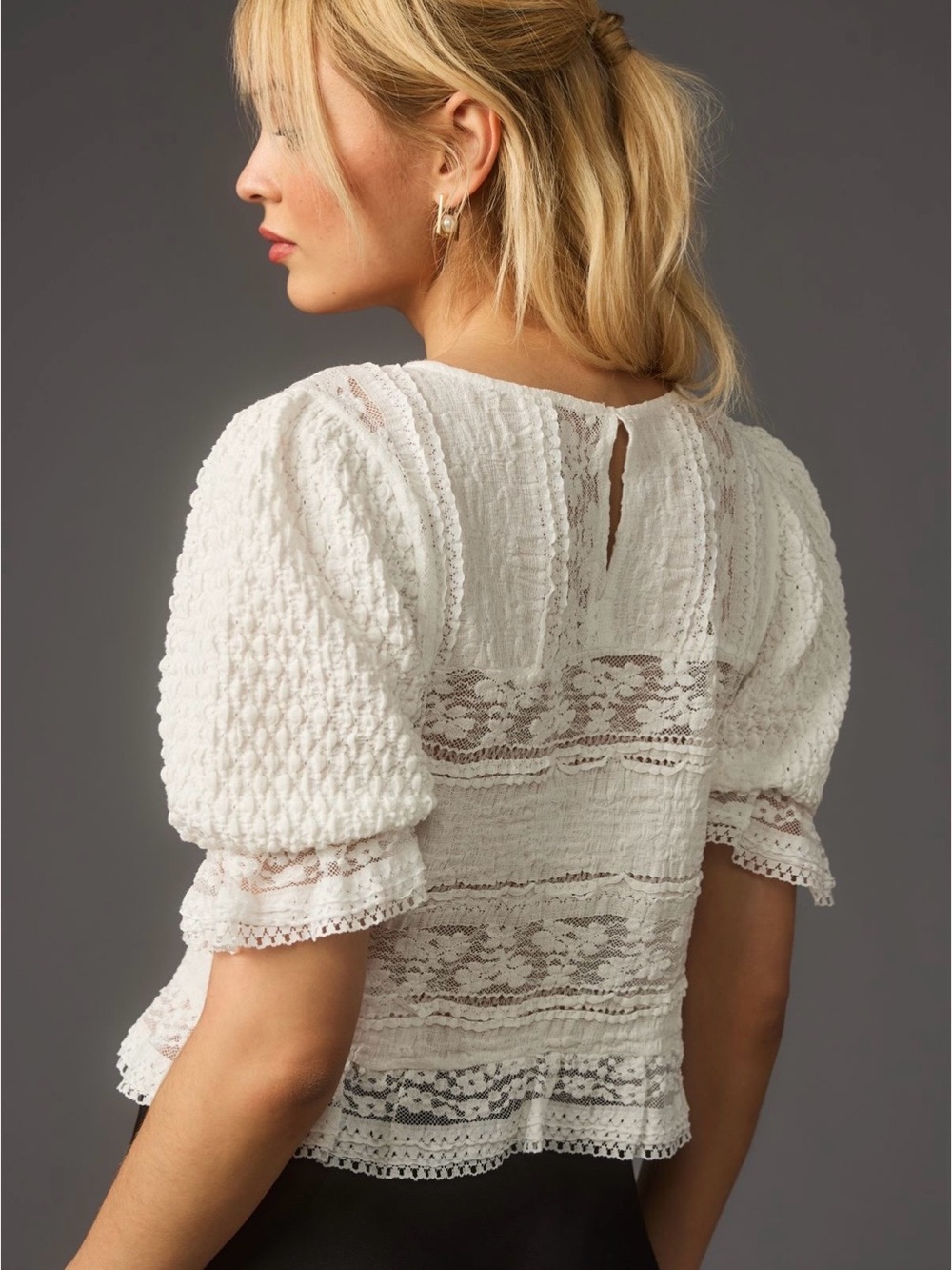 Anthropologie White Lace Puff Sleeve Peplum Blouse